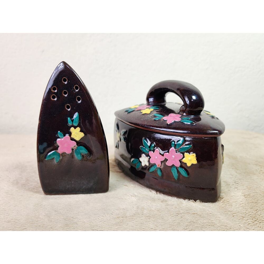 Terracotta Salt Shaker & Butter Dish 5" Iron Shaped Brown 50s Japan x2 Vintage